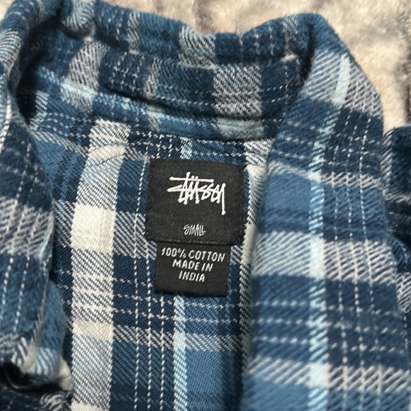 Stussy Womens Plaid Quilted Blue Flannel Button Up Top - Picture 4 of 7